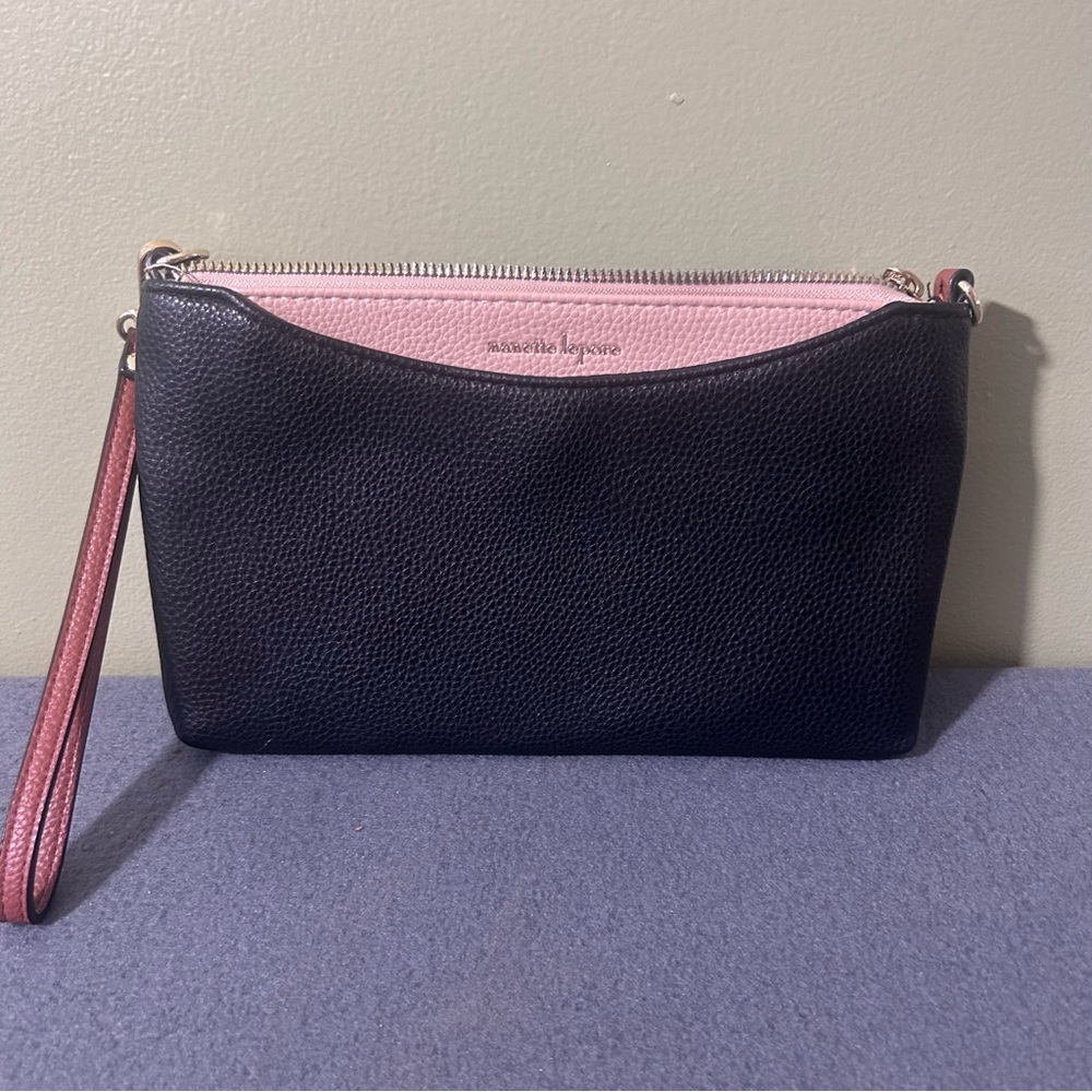 Nanette Lepore Black And Pink Pebble Leather Zippered Wristlet